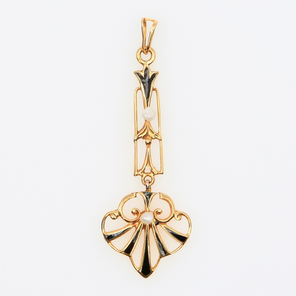 Antique Edwardian 10K Gold Black Enamel Seed Pearl Lavalier Pendant Art Nouveau
